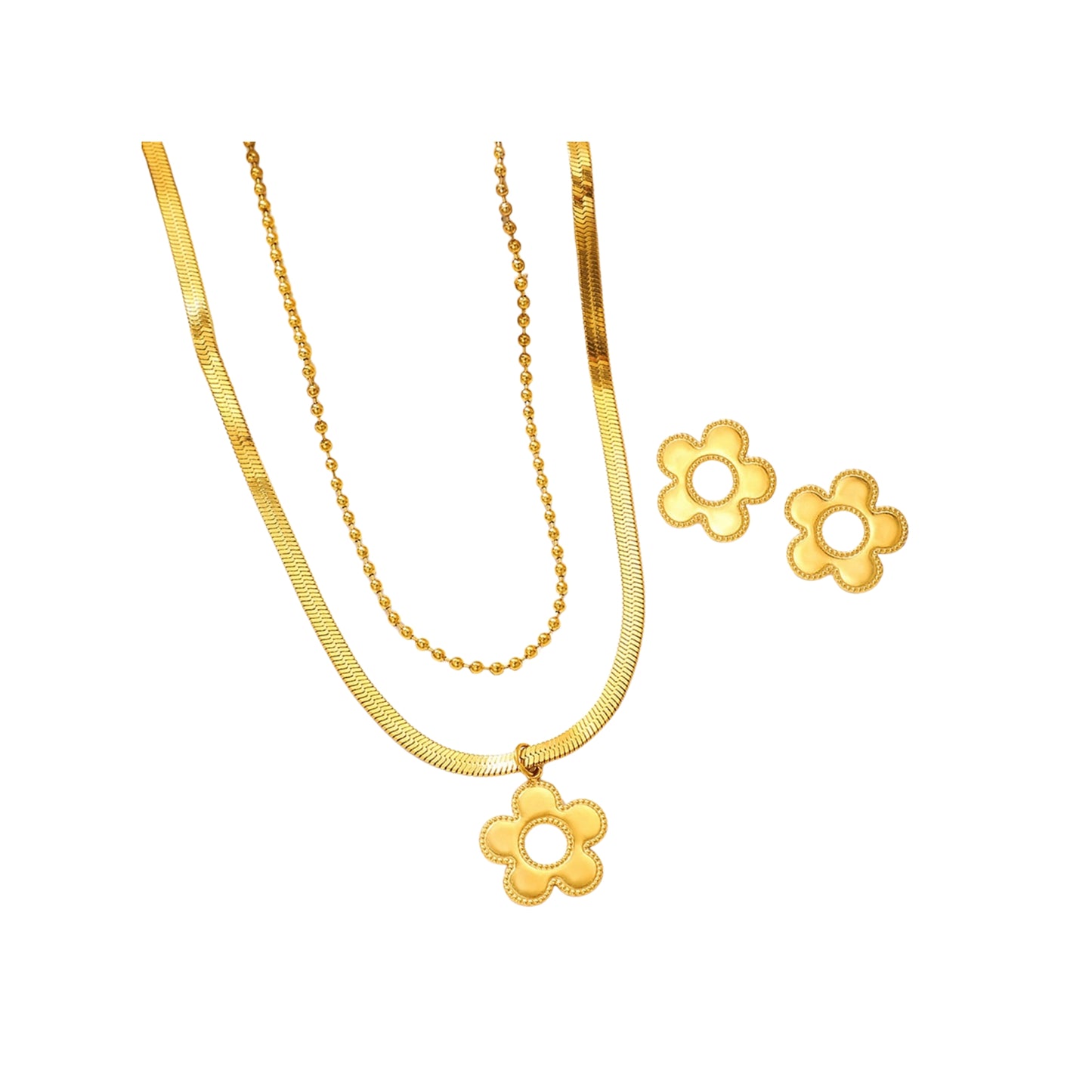 Set de Collar con Charm de Flor, Cadena y Pantallas de Stainless Steel 304, Dorado