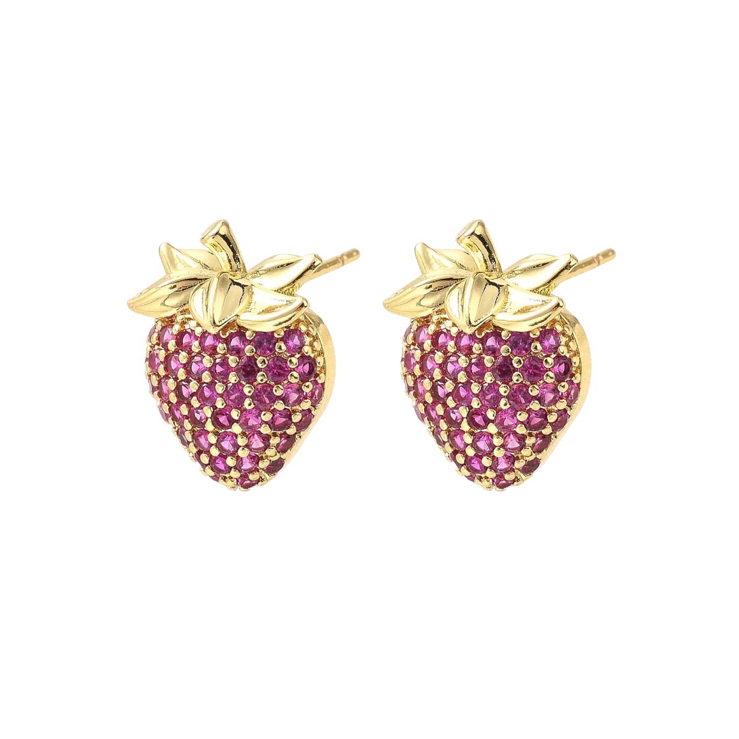 Pantallas Stud de Brass con Diseño de Fresa y Zirconia Cúbica, Doradas