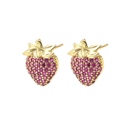 Pantallas Stud de Brass con Diseño de Fresa y Zirconia Cúbica, Doradas