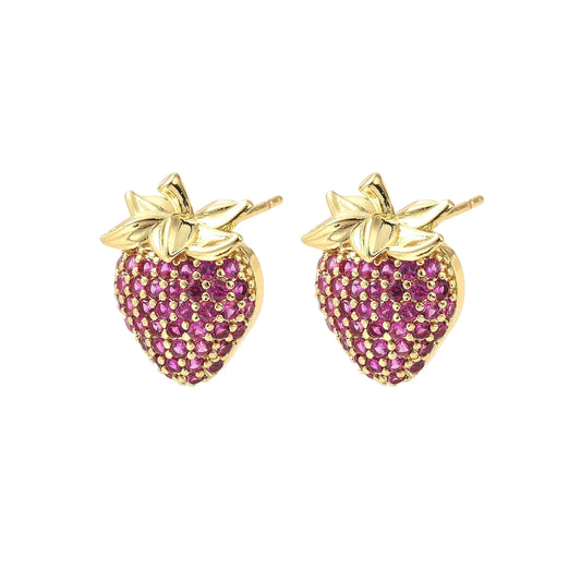 Pantallas Stud de Brass con Diseño de Fresa y Zirconia Cúbica, Doradas