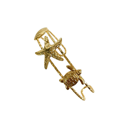 Pulsera Cuff de Stainless Steel con Estrella de Mar, Tortuga y Concha, Dorada