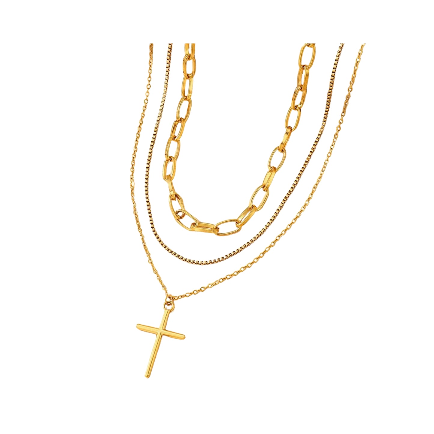Set de 3 Collares de Stainless Steel con Charm de Cruz, Dorado
