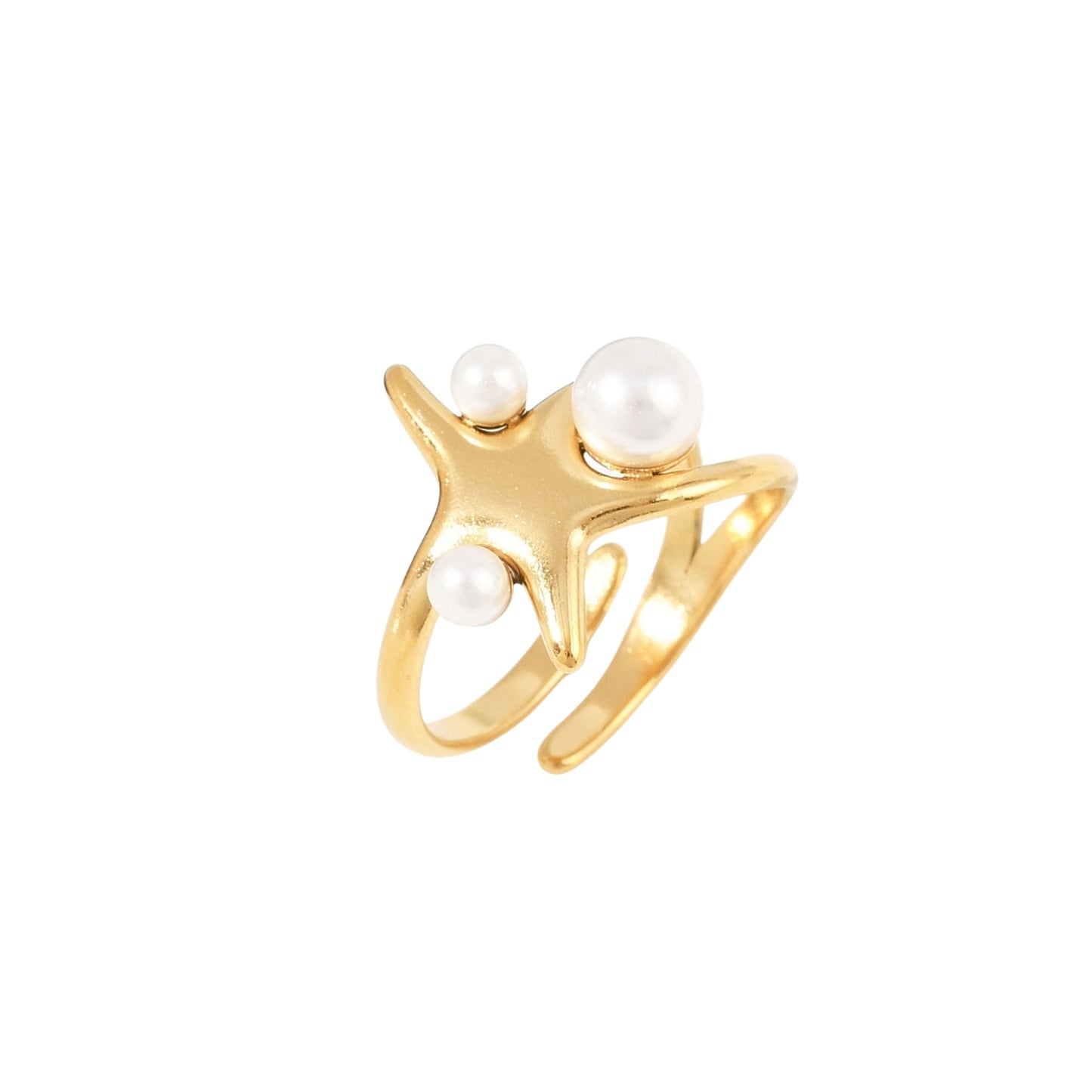 Sortija Cuff de Stainless Steel 304 con Estrella de Mar y Perla, Dorada