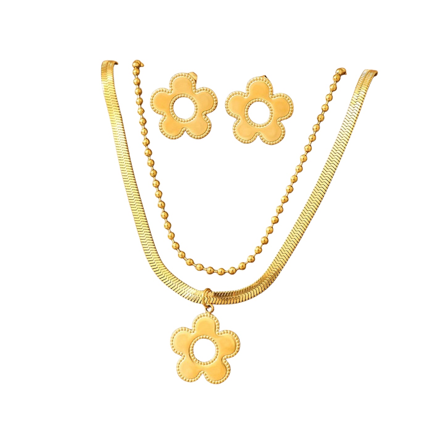 Set de Collar con Charm de Flor, Cadena y Pantallas de Stainless Steel 304, Dorado