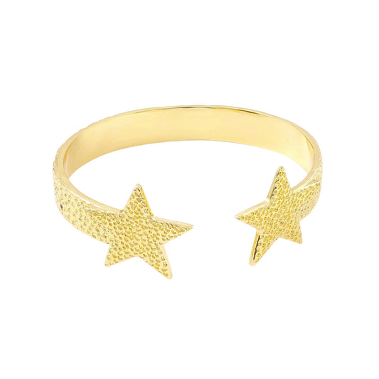 Pulsera Cuff Abierta de Brass con Doble Estrella, Bañada en Oro 18K