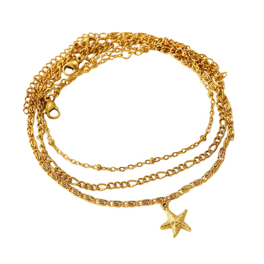 Set de 3 Tobilleras de Stainless Steel con Estrella de Mar, Doradas