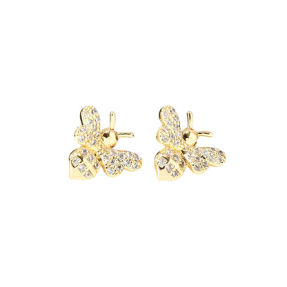 Pantallas Stud de Brass con Abeja y Zirconia Cúbica, Bañadas en Oro 18K