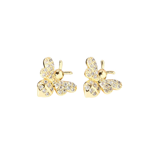 Pantallas Stud de Brass con Abeja y Zirconia Cúbica, Bañadas en Oro 18K
