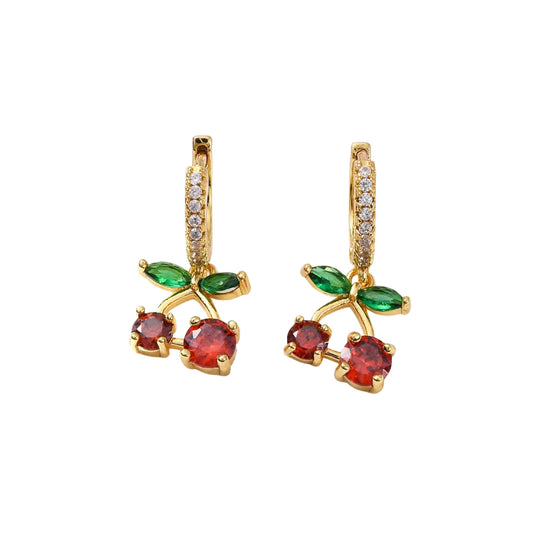Pantallas de Aro de Brass con Diseño de Cereza y Zirconia Cúbica, Bañadas en Oro 18K