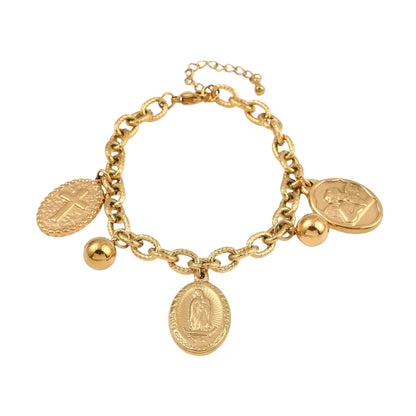 Pulsera de Stainless Steel con Charms de Virgen, Cruz y Ángel, Dorada