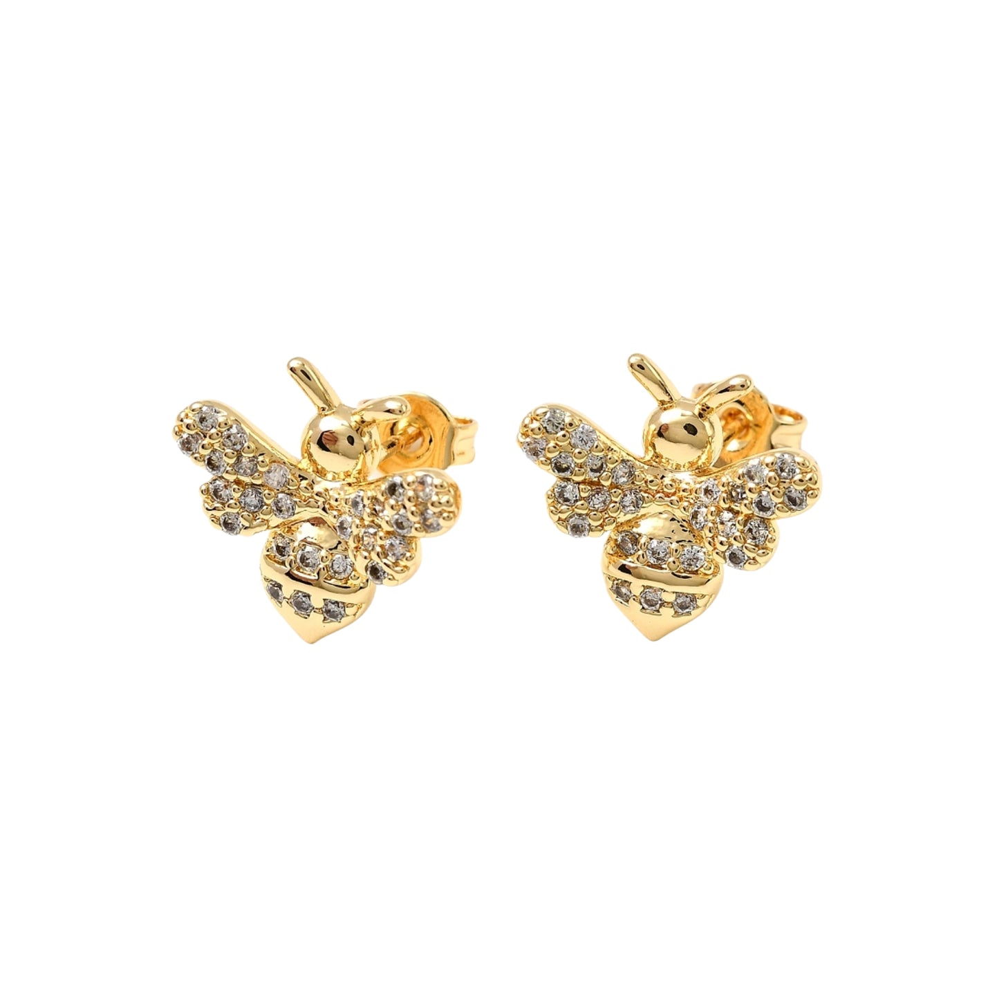 Pantallas Stud de Brass con Abeja y Zirconia Cúbica, Bañadas en Oro 18K