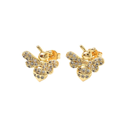 Pantallas Stud de Brass con Abeja y Zirconia Cúbica, Bañadas en Oro 18K