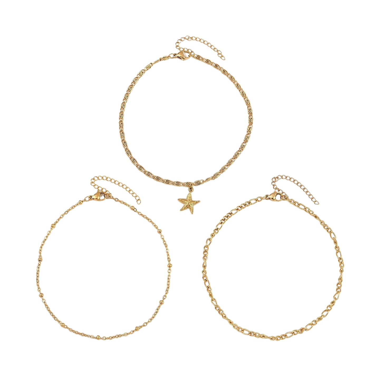 Set de 3 Tobilleras de Stainless Steel con Estrella de Mar, Doradas