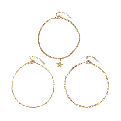 Set de 3 Tobilleras de Stainless Steel con Estrella de Mar, Doradas