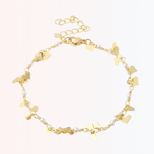 Pulsera con Corazón y Perlas Bañada en Oro Real de 24K