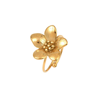 Sortija Cuff Abierta de Stainless Steel con Flor, Dorada