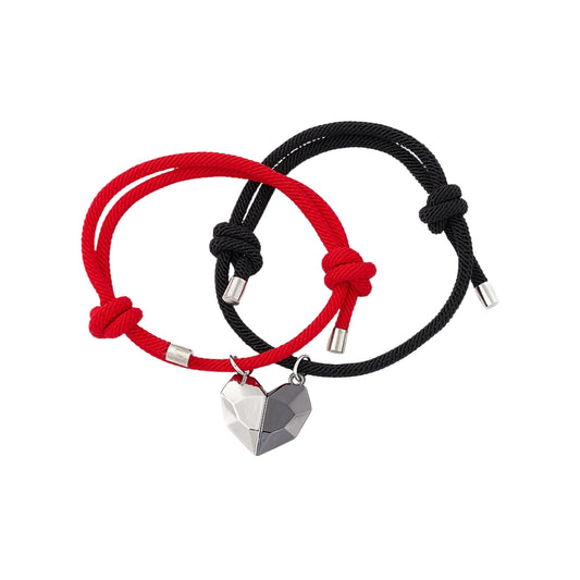 Set de 2 Pulseras Ajustables con Dijes de Corazón Magnético, Rojo y Negro