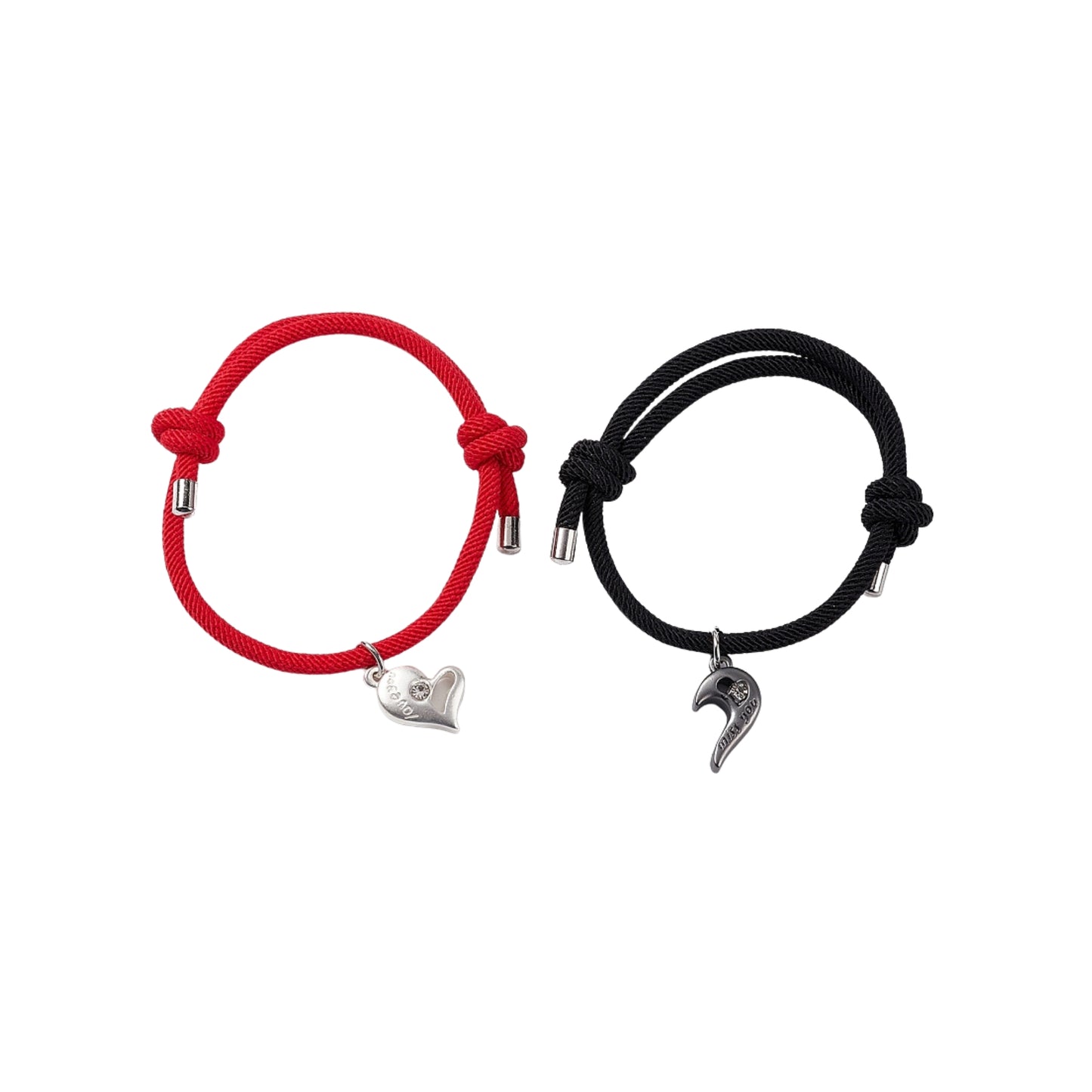 Set de 2 Pulseras con Charms de Corazón y Cristales, Palabras "Love You" y "Miss You"