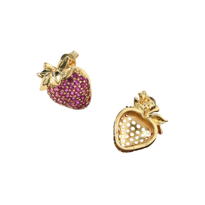 Pantallas Stud de Brass con Diseño de Fresa y Zirconia Cúbica, Doradas