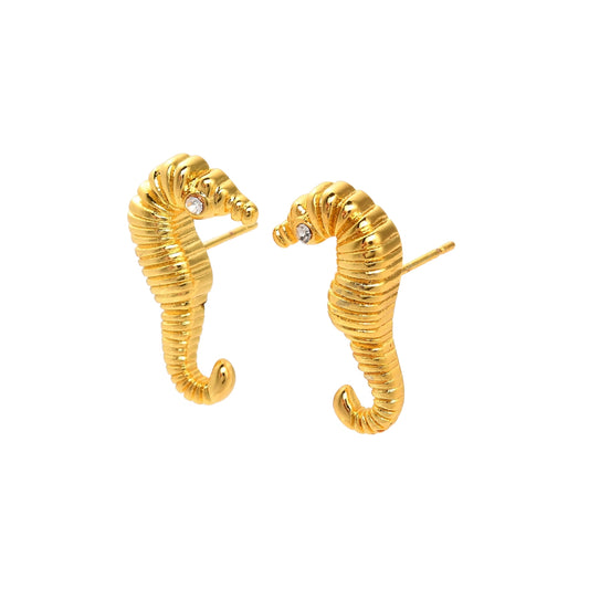 Pantallas Stud de Stainless Steel con Caballito de Mar y Rhinestones, Doradas