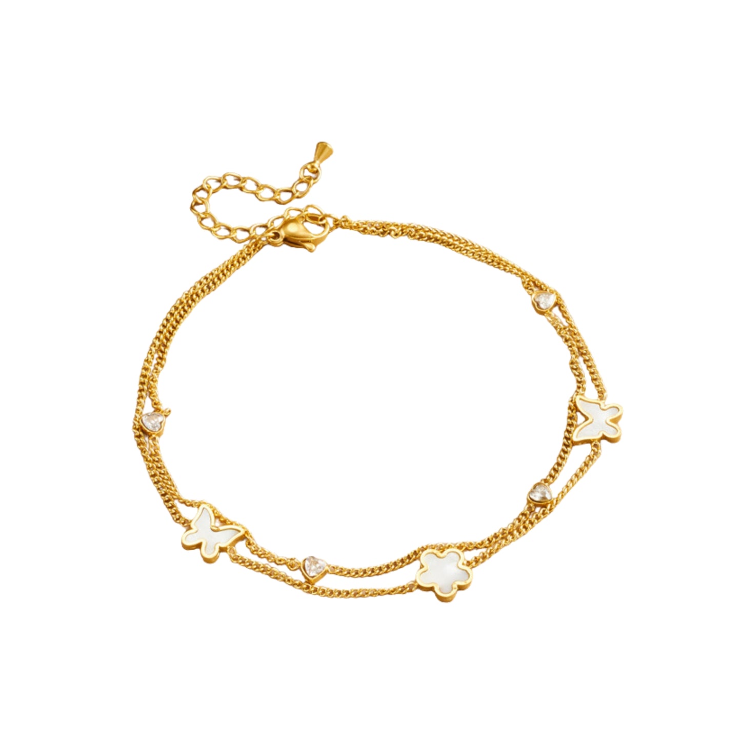 Tobillera Doble de Stainless Steel con Charms de Mariposa, Concha Natural y Cristales, Dorada