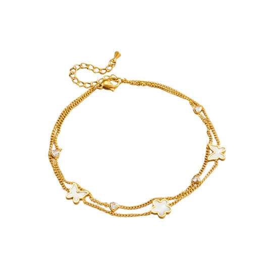 Tobillera Doble de Stainless Steel con Charms de Mariposa, Concha Natural y Cristales, Dorada