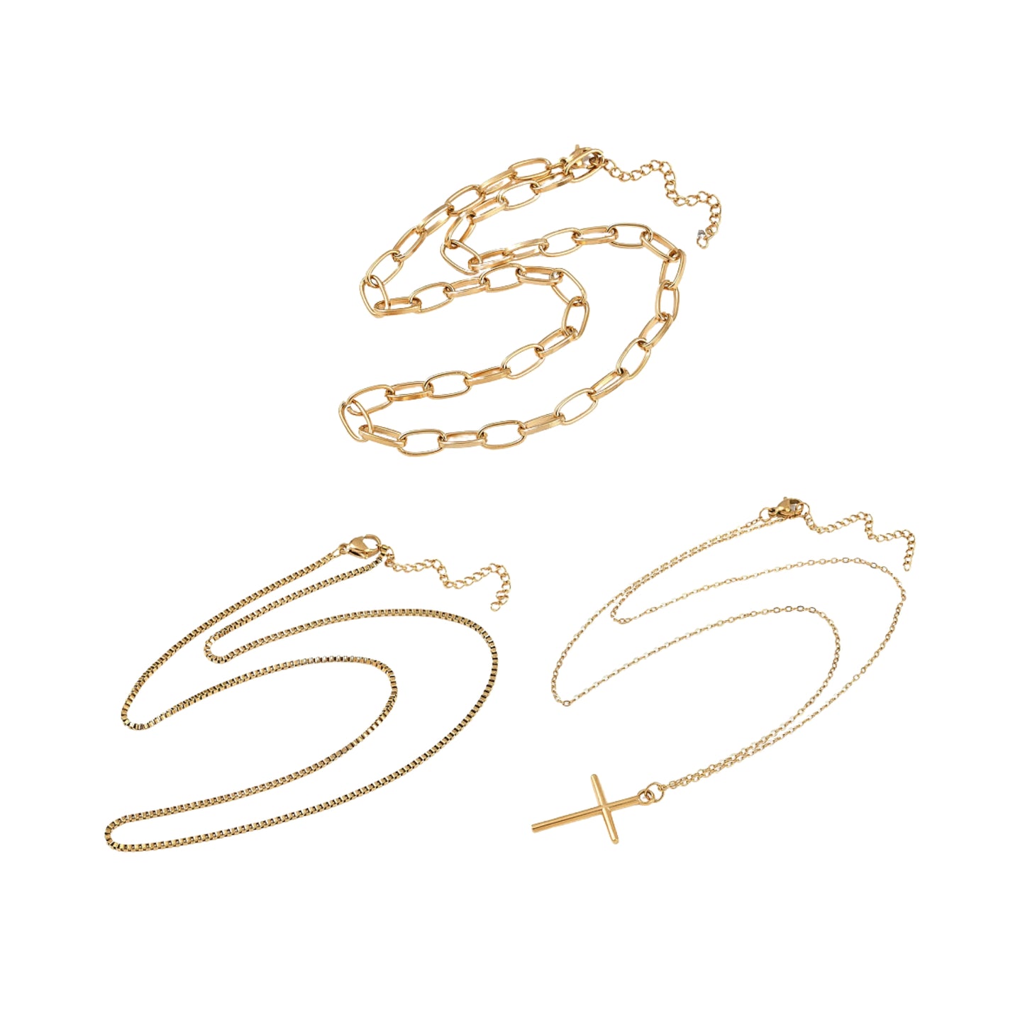 Set de 3 Collares de Stainless Steel con Charm de Cruz, Dorado