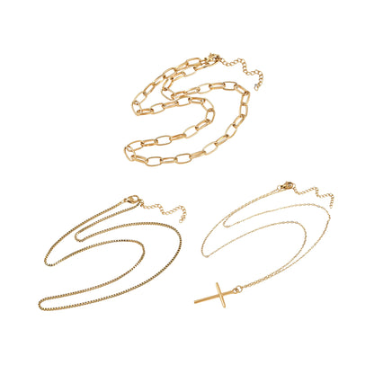 Set de 3 Collares de Stainless Steel con Charm de Cruz, Dorado